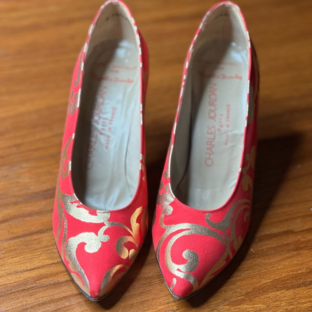 Vintage 1990s Era Charles Jordan Paris Red and Gold High Heels